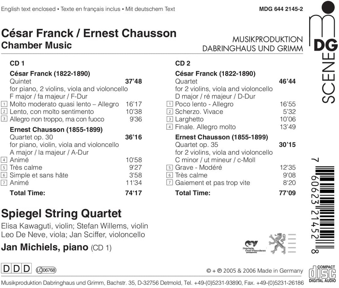 Jan Michiels; Speigel String Quartet - Franck: Quartet And Quintet/ Chausson: Quartets [Audio CD]