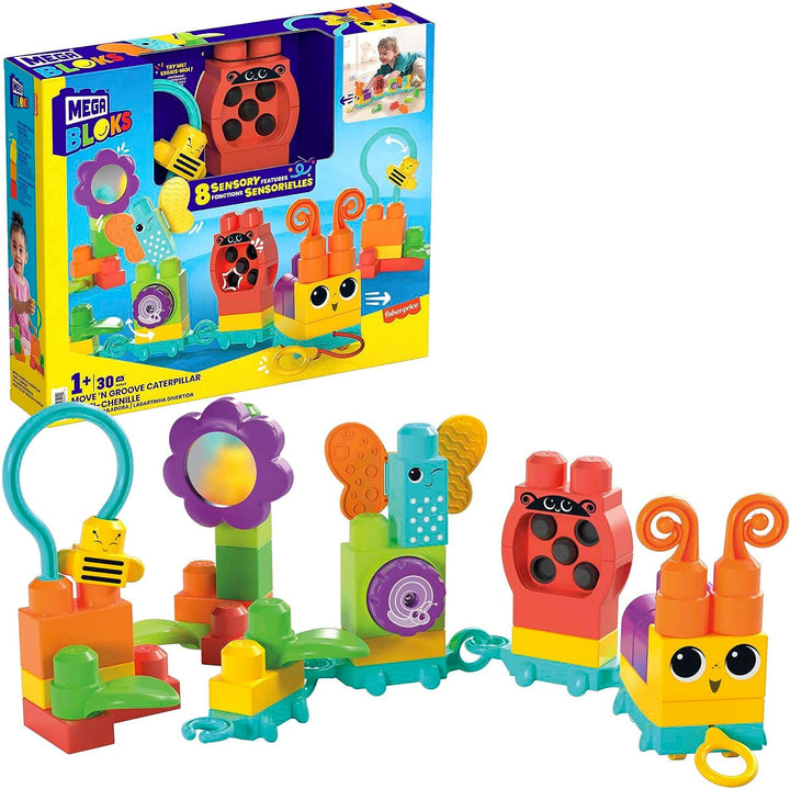 MEGA BLOKS Fisher-Price Sensory Building Blocks Toy, Move n Groove Caterpillar Train with 30 Pieces and Pull String