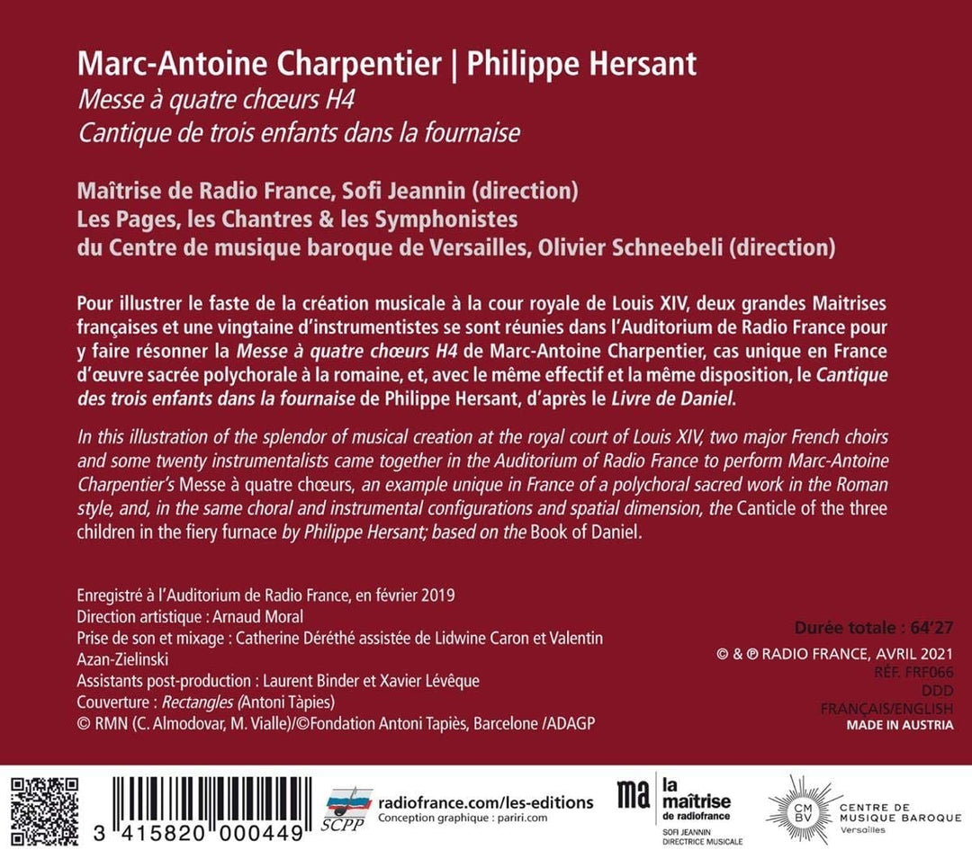 Charpentier: Messe à quatre churs H4 - Hersant: Cantique de trois enfants dans la fournaise [Audio CD]