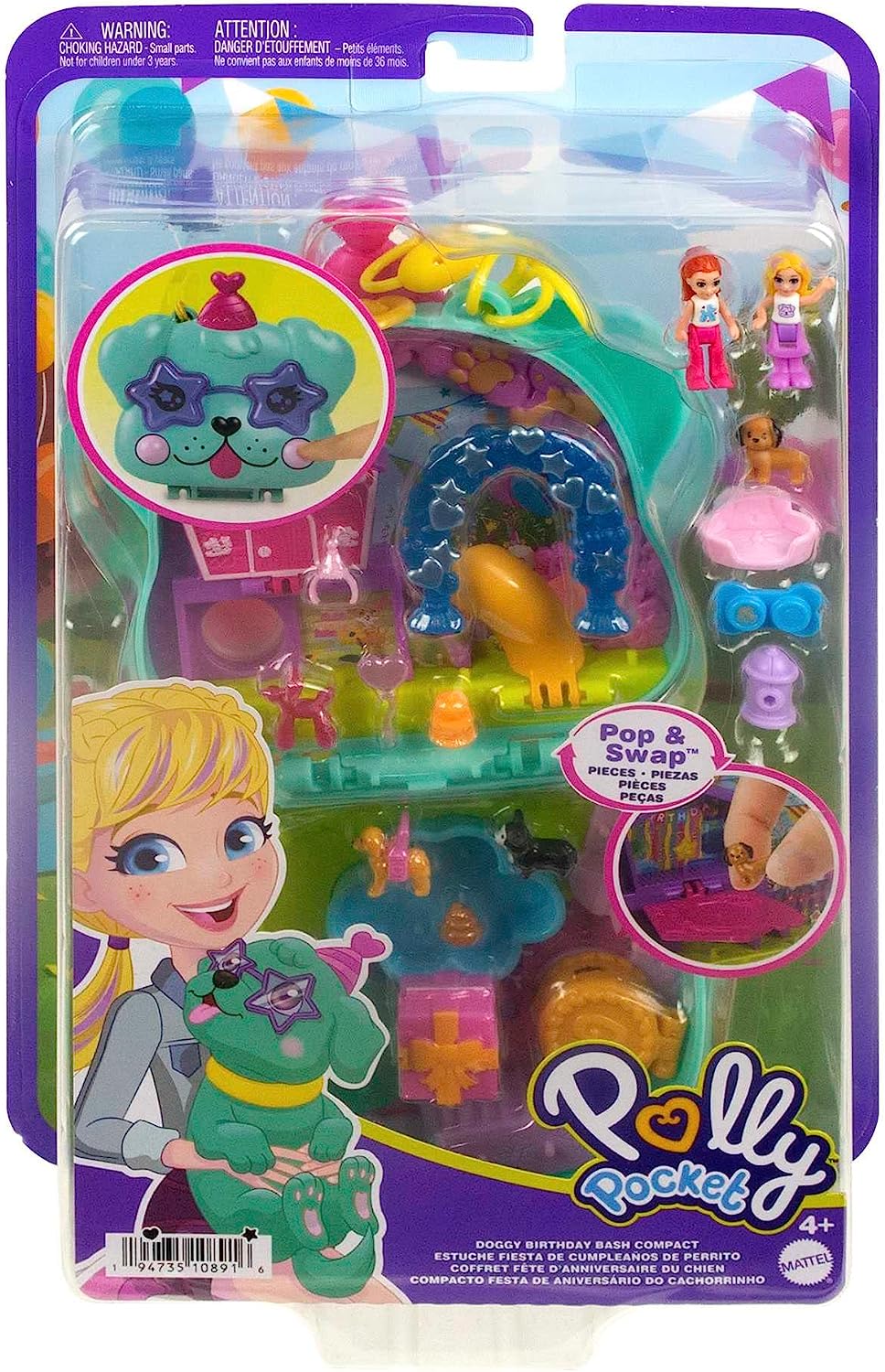?Polly Pocket Mini Toys, Doggy Birthday Bash Compact Playset with 2 Micro Dolls