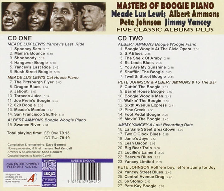Masters Of Boogie Piano - Five Classic Albums Plus (Yancey's Last Ride / Cat House Piano / Boogie Woogie Piano / 8 To The Bar / A Lost Recording Date) - Meade Lux Lewis [Audio CD]
