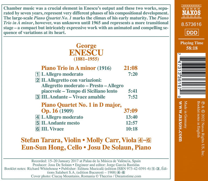 Enescu: Piano Quartet No. 1 [Stefan Tarara; Molly Carr; Eun-Sun Hong; Josu De So [Audio CD]