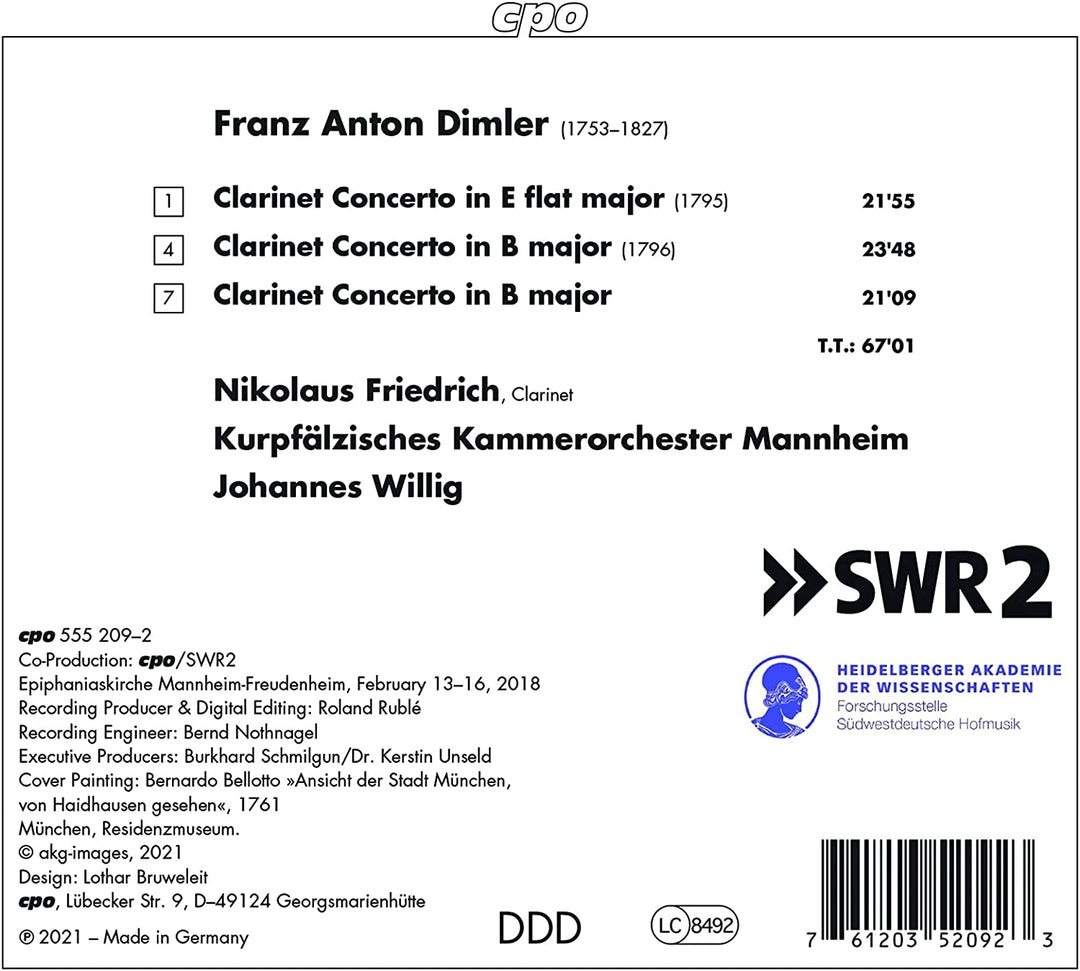 Nikolaus Friedrich - Dimler: Three Clarinet Concertos [Nikolaus Friedrich; Kurpfälzisches Kammerorchester Mannheim; Johannes Willig] [Cpo: 555209-2] [Audio CD]