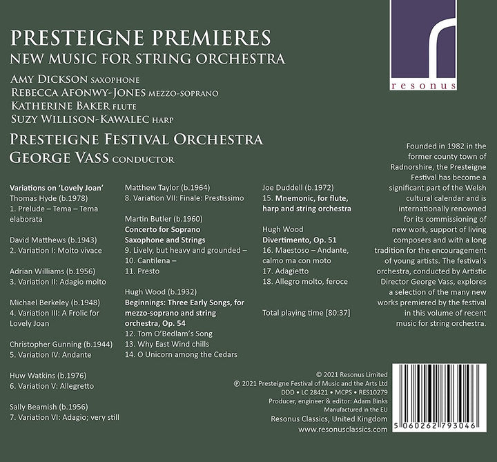 Presteigne Premieres [Amy Dickson; Rebecca Afonwy-Jones; Katherine Baker; Suzy Willison-Kawalec; Presteigne Festival Orchestra; George Vass] [Resonus Classics: RES10279] [Audio CD]