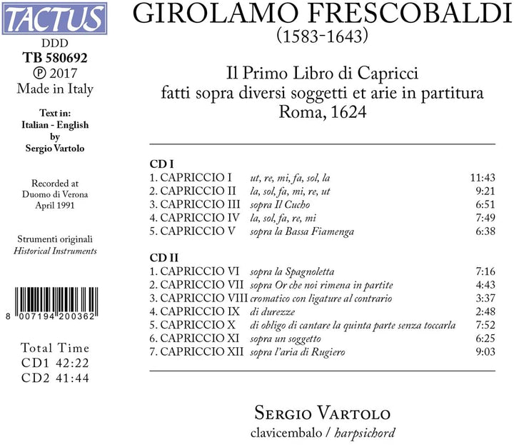 Sergio Vartolo - Girolamo Frescobaldi: Il Primo Libro di Capricci, Roma 1624 [Sergio Vartolo] [Tactus: TB 580692] [Audio CD]