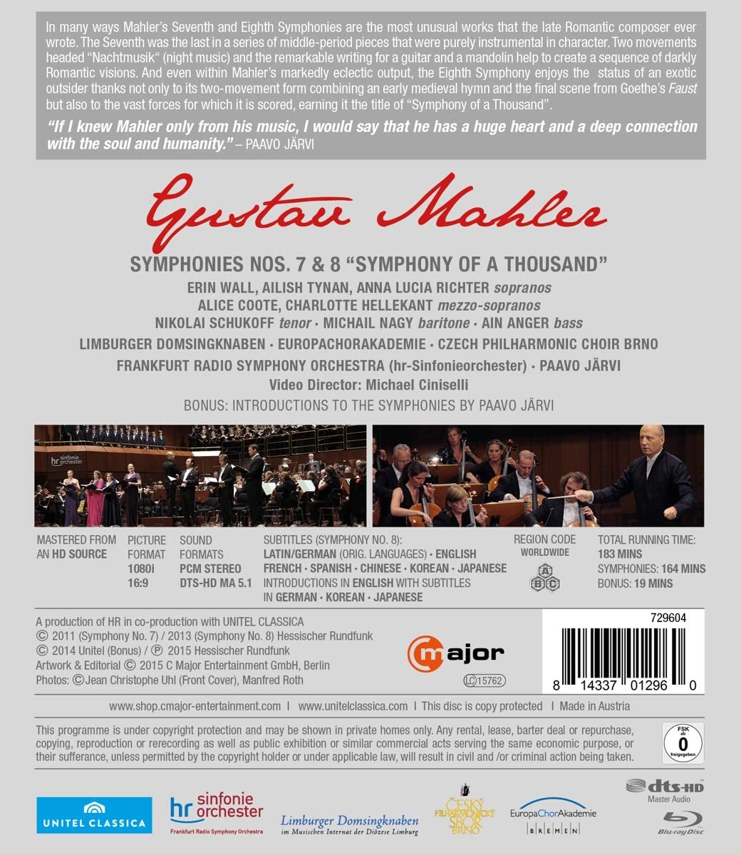 Mahler:Symphonies Nos. 7 & 8 [Paavo Jrvi, Frankfurt Radio Symphony Orchestra] [C MAJOR ENTERTAINMENT [2015] [Blu-ray]