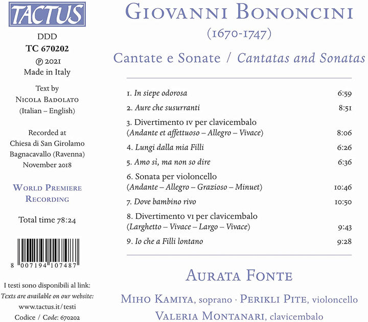 Bononcini: Cantate E Sonate [Aurata Fonte] [Tactus: TC 670202] [Audio CD]