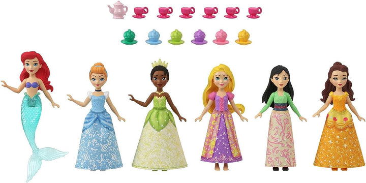 Disney Princess Toys, 6 Posable Small Dolls with Sparkling Clothing and 13 Tea Party Accessories