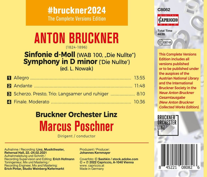 Bruckner: Symphony No. 0 [Bruckner Orchester Linz; Markus Poschner] [Capriccio: C8082] [Audio CD]