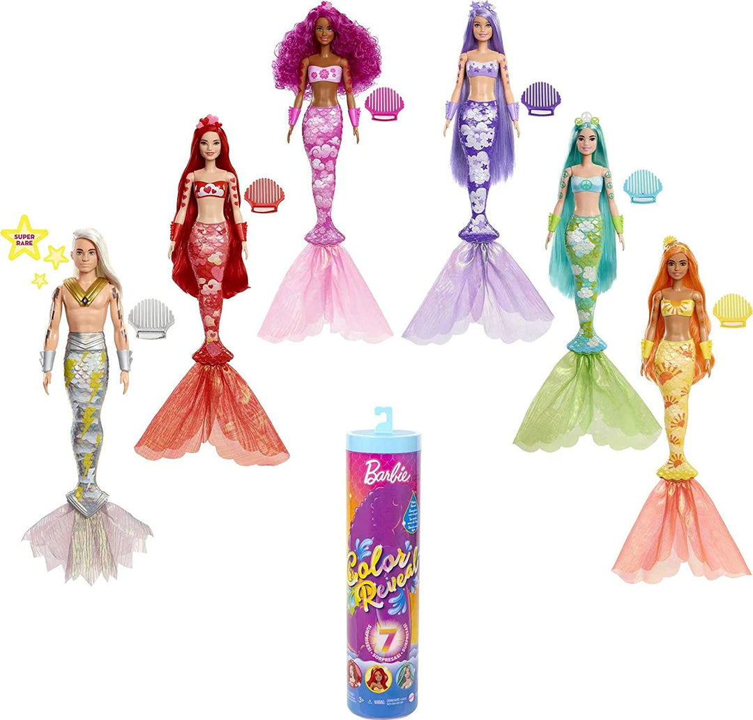 Barbie Colour Reveal Mermaid Doll - Metallic Blue with Rainbows - 7 Surprises -