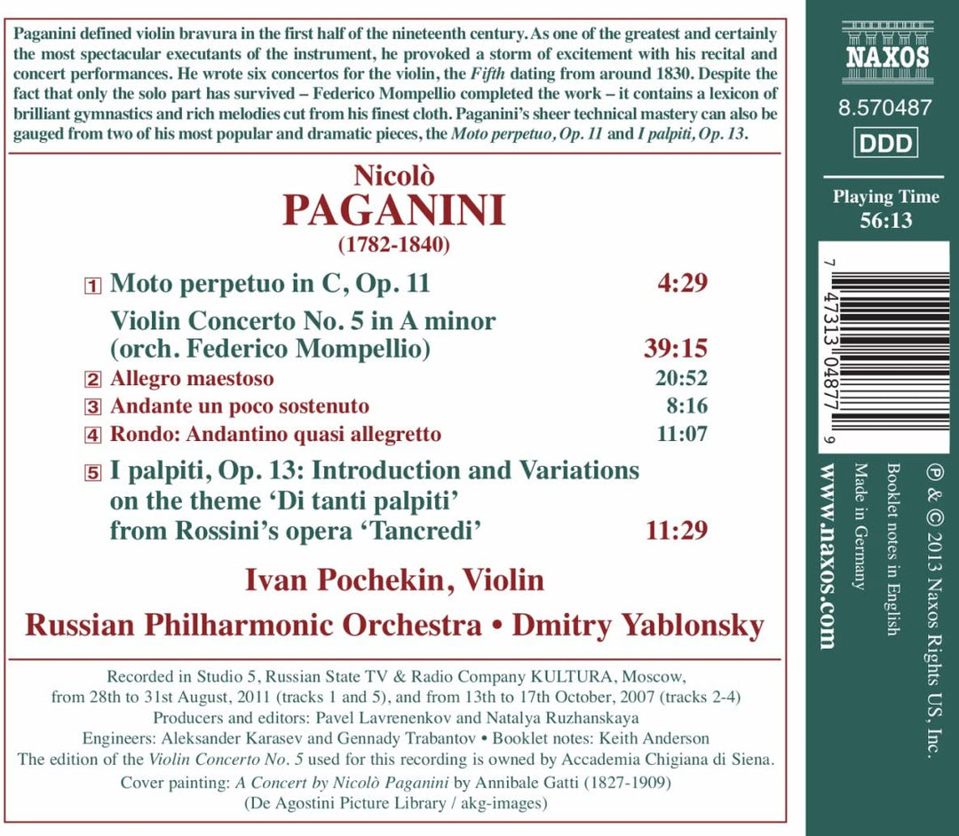 Paganini: Violin Concerto No. 5 (Ivan Pochekin, Dmitry Yablonsky, Russian Philharmonic Orchestra) (Naxos: 8570487) [Audio CD]