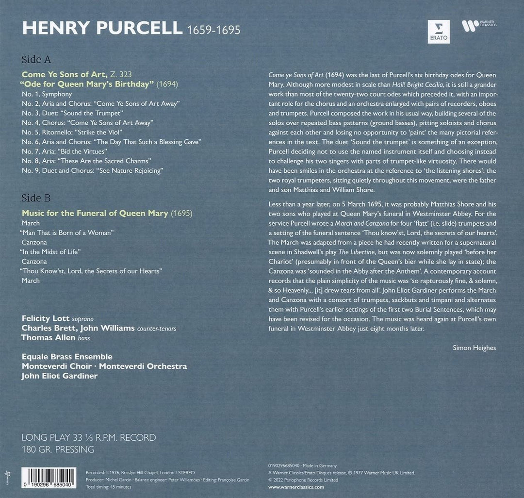 Purcell: Music for Queen Mary, Come ye Sons of Art [VINYL]