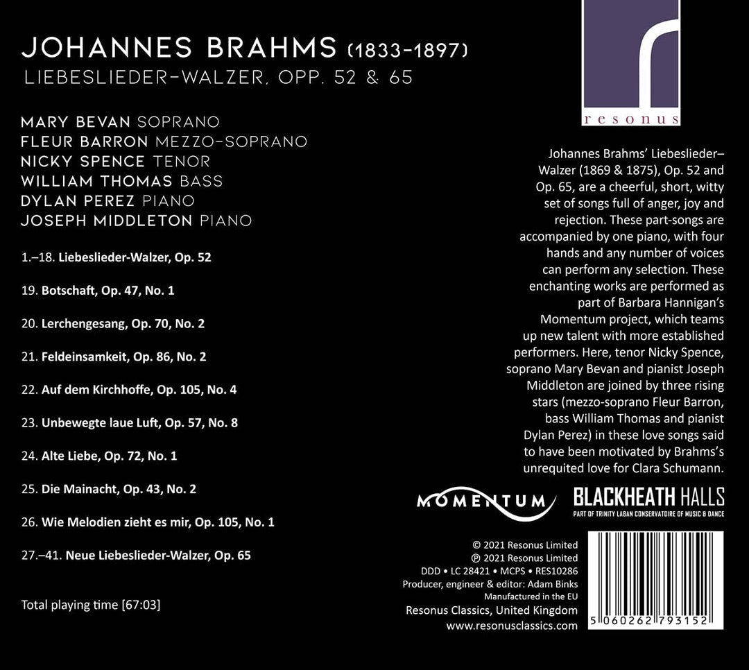 Brahms: Liebeslieder [Mary Bevan; Fleur Barron; Nicky Spence; William Thomas; Dylan Perez; Joseph Middleton] [Resonus Classics: RES10286] [Audio CD]