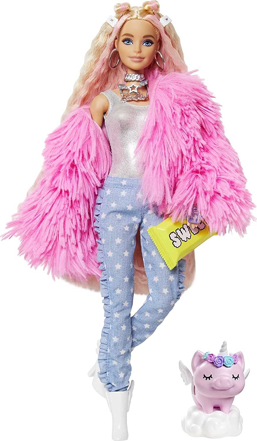 Barbie Extra Doll en manteau rose duveteux avec jouet cochon licorne