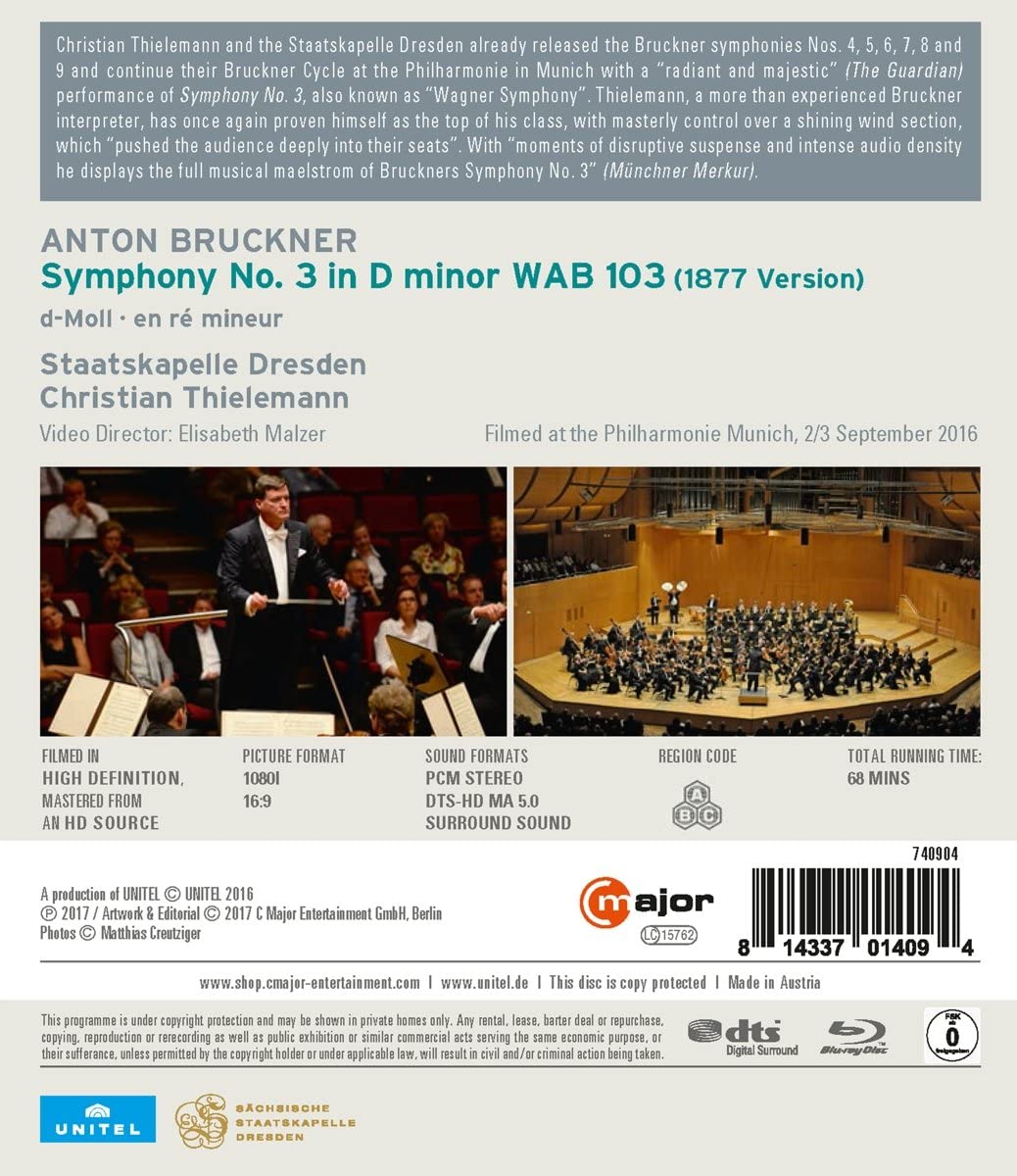 Bruckner: Symphony No. 3 [Staatskapelle Dresden; Christian Thielemann] [C Major Entertainment: 740904] [2017] [Blu-ray]