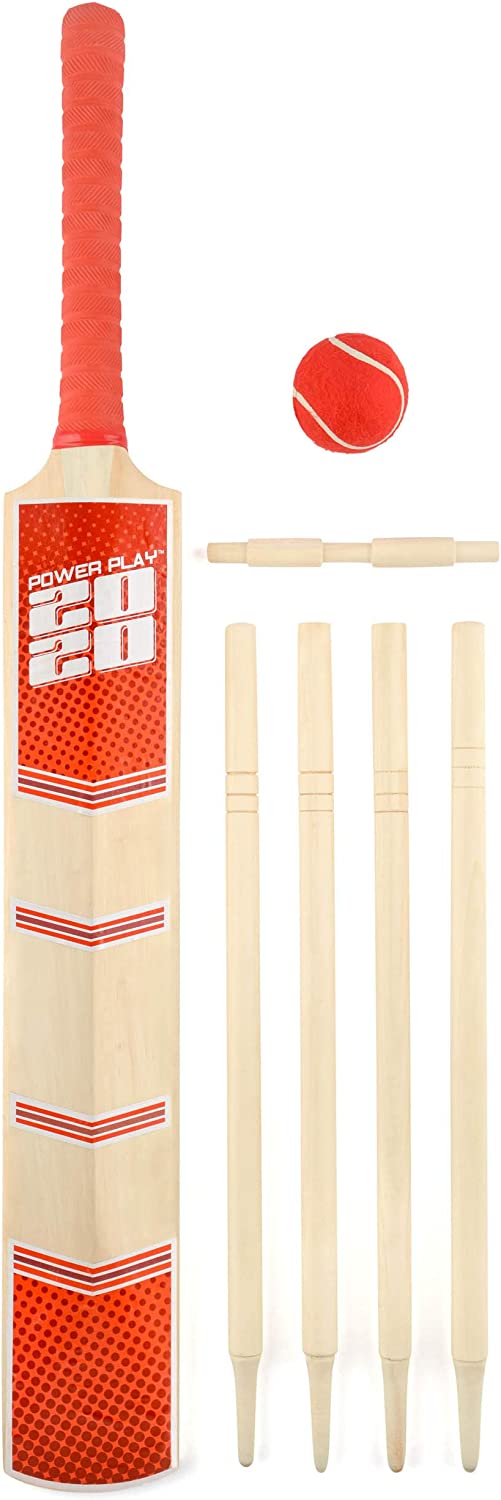 PowerPlay BG889 Deluxe Cricket Set with Cricket Bat, Ball, 4 Stumps, Bails and Bag, Size 5 Bat, red