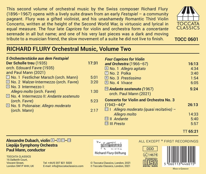 Alexandre Dubach - Flury: Orchestral Music, Vol. 2 [Alexandre Dubach; Liepja Symphony Orchestra; Paul Mann] [Toccata Classics: TOCC 0601] [Audio CD]