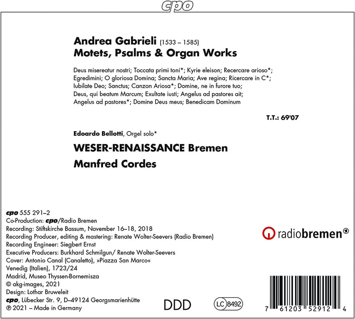 Motets, Psalms & Organ Works [WESER-RENAISSANCE Bremen; Manfred Cordes] [Cpo: 555291-2] [Audio CD]