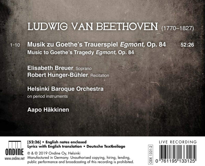 Beethoven: Egmont [Elisabeth Breuer; Robert Hunger-Bühler; Helsinki Baroque Orchestra; Aapo Häkkinen] [Ondine: ODE 1331-2] [Audio CD]