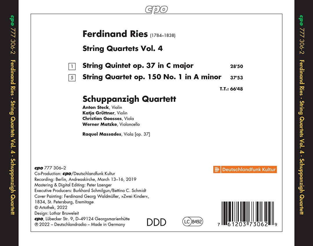 Ries: String Quartets, Vol.4 [Schuppanzigh Quartet; Raquel Massades] [Cpo: 777306-2] [Audio CD]