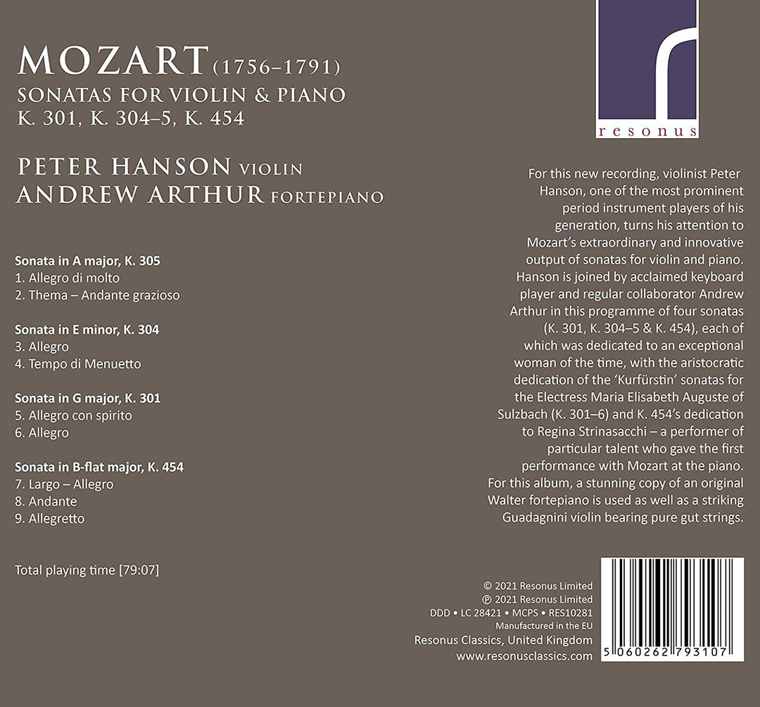 Mozart: Sonatas [Peter Hanson; Andrew Arthur] [Resonus Classics: RES10281] [Audio CD]