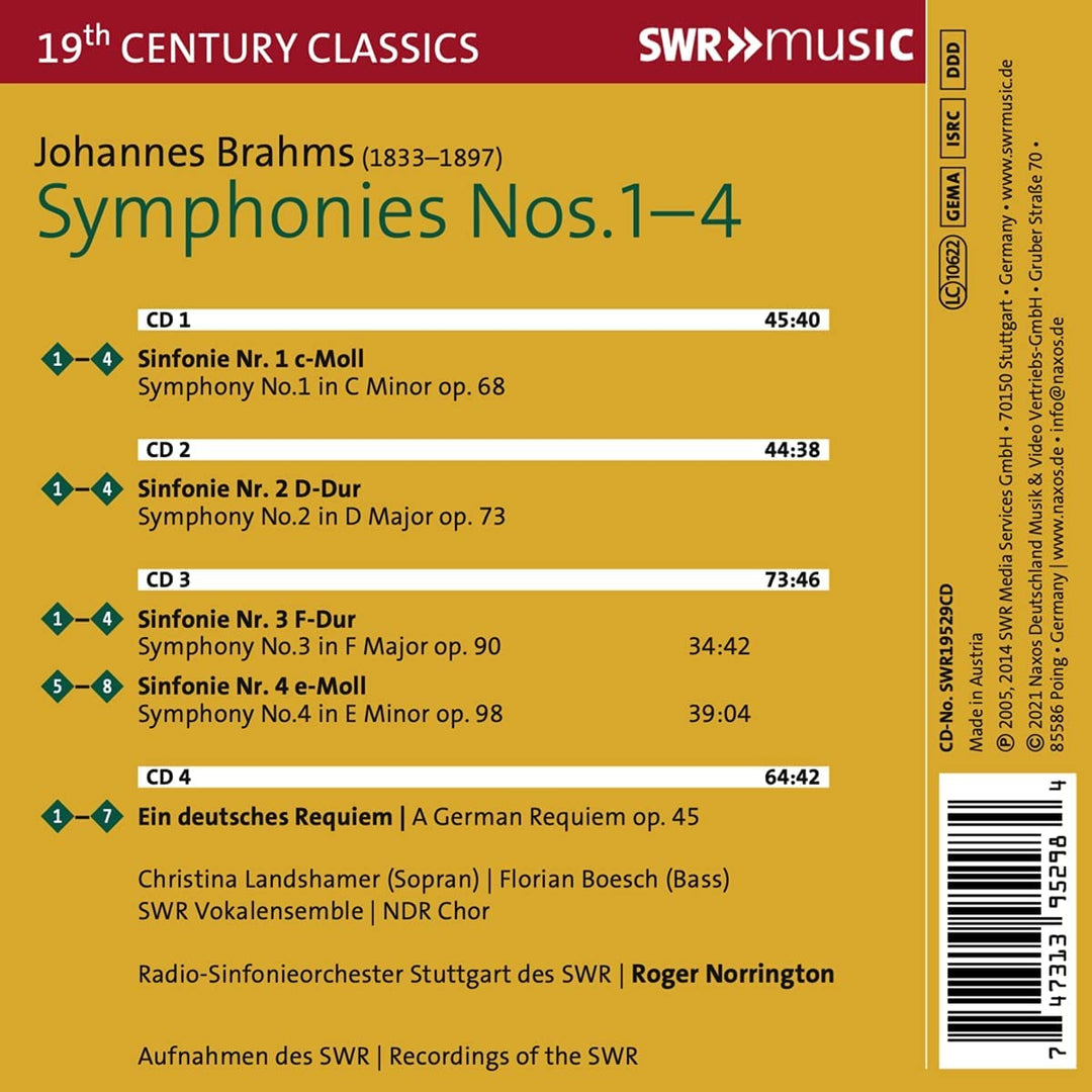 Brahms: Complete Symphonies [Radio-Sinfonieorchester Stuttgart des SWR; Christina Landshamer; Florian Boesch; SWR Vokalensemble; NDR Chor; Sir Roger Norrington] [Swr Classic: SWR195 [Audio CD]