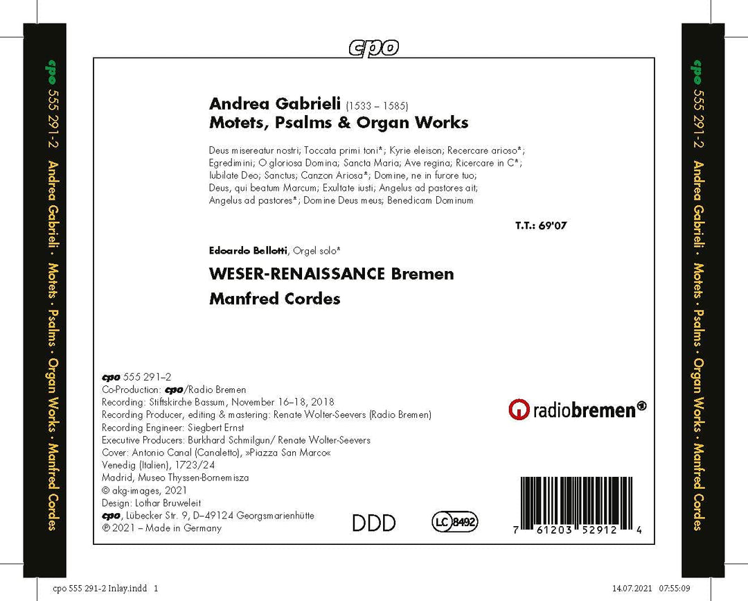 Motets, Psalms & Organ Works [WESER-RENAISSANCE Bremen; Manfred Cordes] [Cpo: 555291-2] [Audio CD]