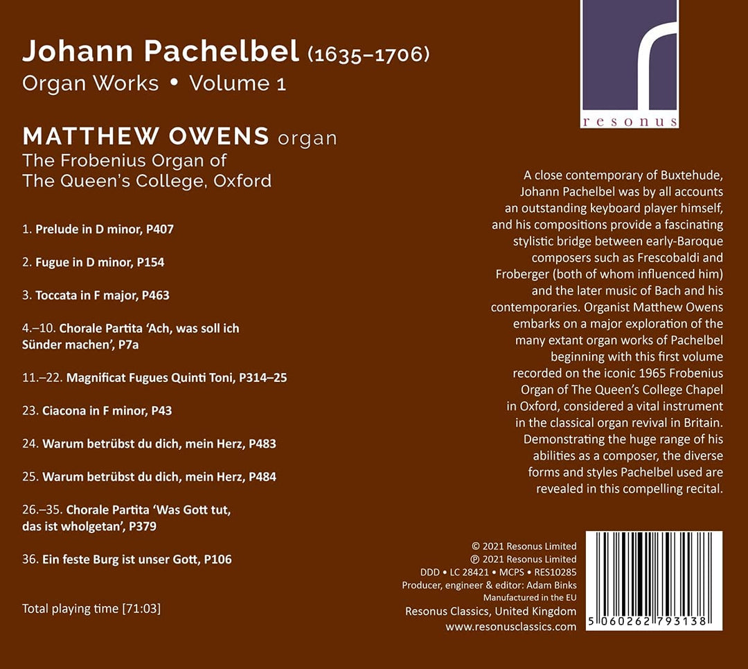 Matthew Owens - Pachelbel: Organ Works 1 [Matthew Owens] [Resonus Classics: RES10285] [Audio CD]