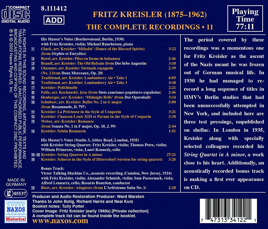 Kreisler Complete Rec Vol 11 [Fritz Kreisler; Michael Raucheisen; Kreisler Strin [Audio CD]