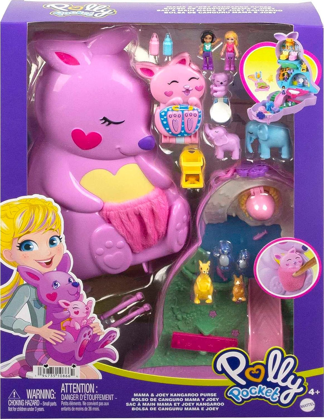 ?Polly Pocket Mini Toys, Mama and Joey Kangaroo Purse 2-in-1 Compact Playset with 2 Micro Dolls and Accessories