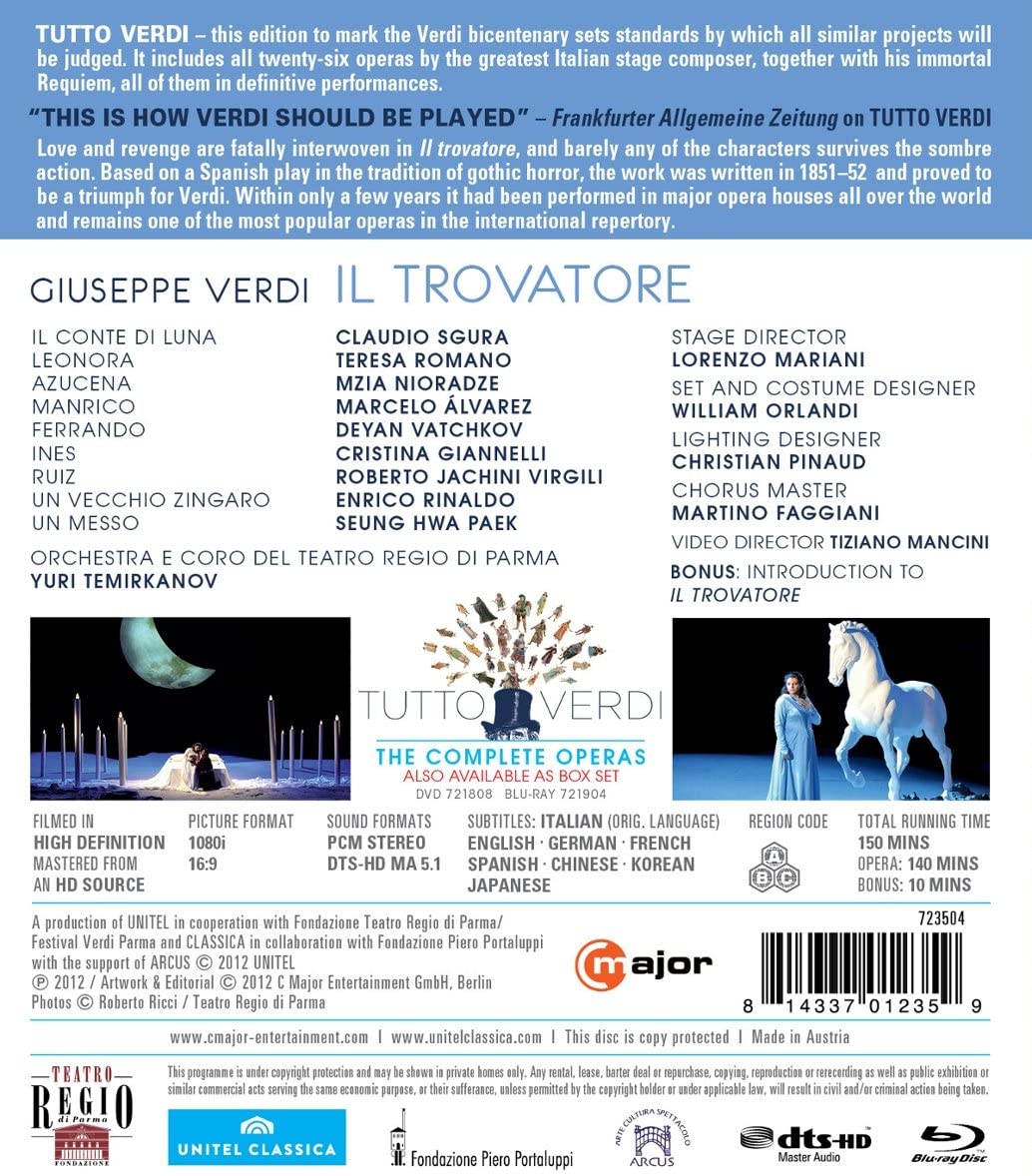Verdi: Il Trovatore [Parma 2010] [Nucci, Sgura, Fantini, Romano, Alvarez] [C Major: 723504] [2013] [Region Free] [Blu-ray]
