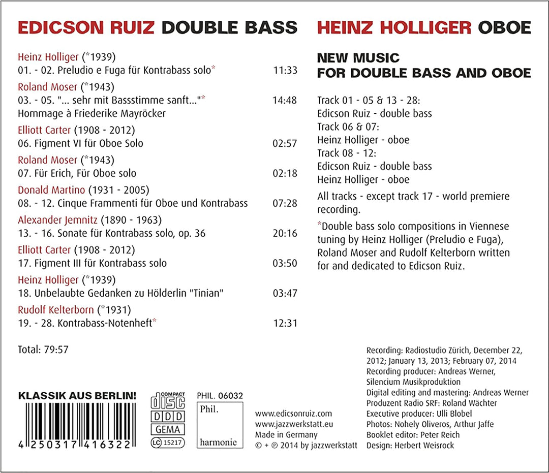 Edicson Ruiz & Heinz Holliger - New Music For Double Bass & Oboe [Audio CD]