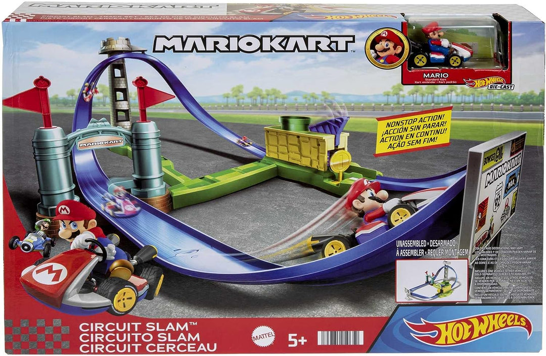 ?Hot Wheels Mario Kart Circuit Slam Track Set with Mario Kart Vehicle, Playset for Kids