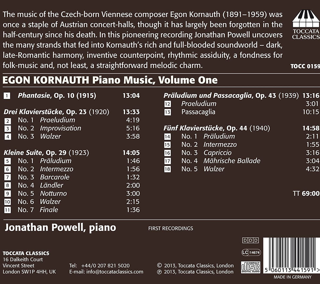 Kornauth: Piano Music Vol. 1 (Phantasie, Op.10) (Jonathan Powell ) (Toccata Classics: TOCC 0159) [Audio CD]