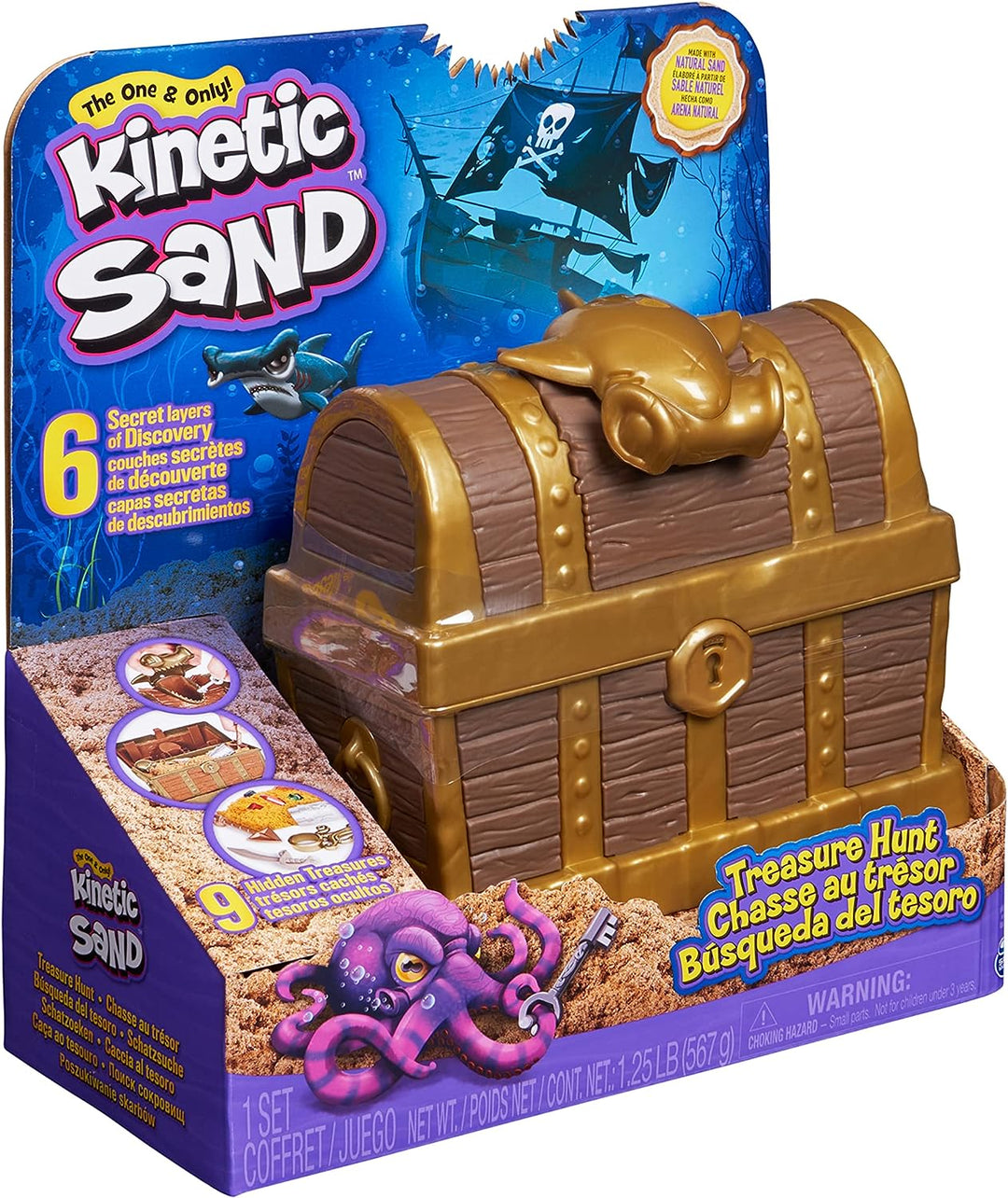 Kinetic Sand, Treasure Hunt Playset with 9 Surprise Reveals, 567g Brown and Rare Shimmer Gold Play Sand