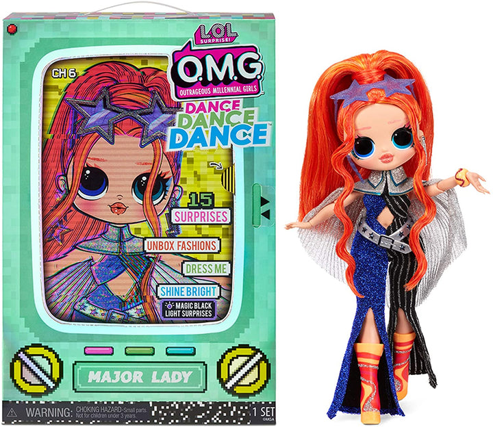 LOL Surprise OMG Dance Dance Dance Major Lady Fashion Doll, with 15 Surprises, Designer Clothes, Magic Blacklight, Fashion Accessories, Shoes, Fashion Doll Stand, and TV Package