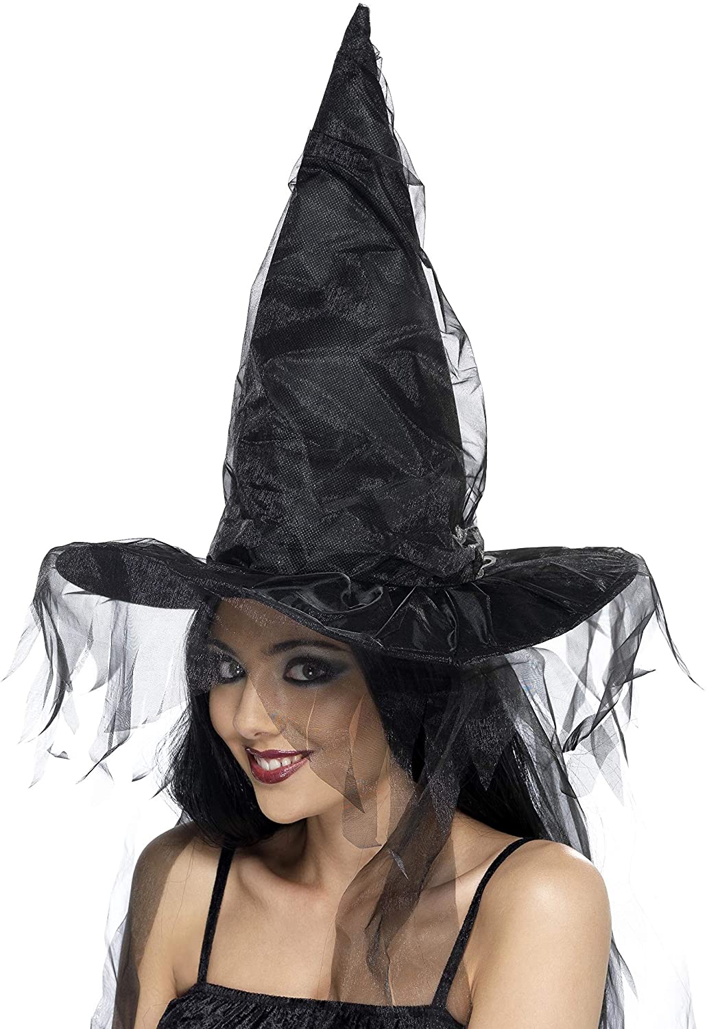Chapeau de sorcière Smiffys avec de longs cheveux en filet - Noir