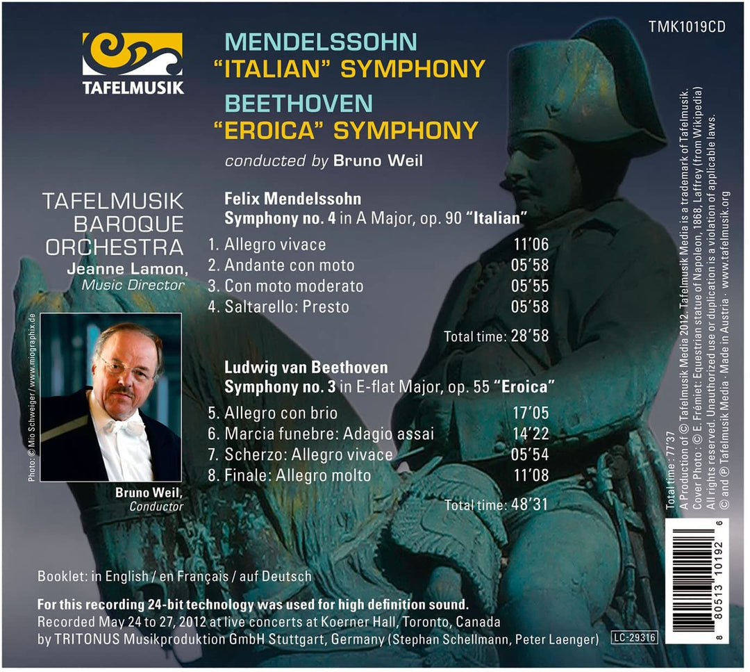 Eroica Symphony/ Italian Symphony (Symphony No. 3/ 4) (Tafelmusik Baroque Orchestra and Chamber Choir/ Bruno Weil) (Tafelmusik: TMK10 [Audio CD]