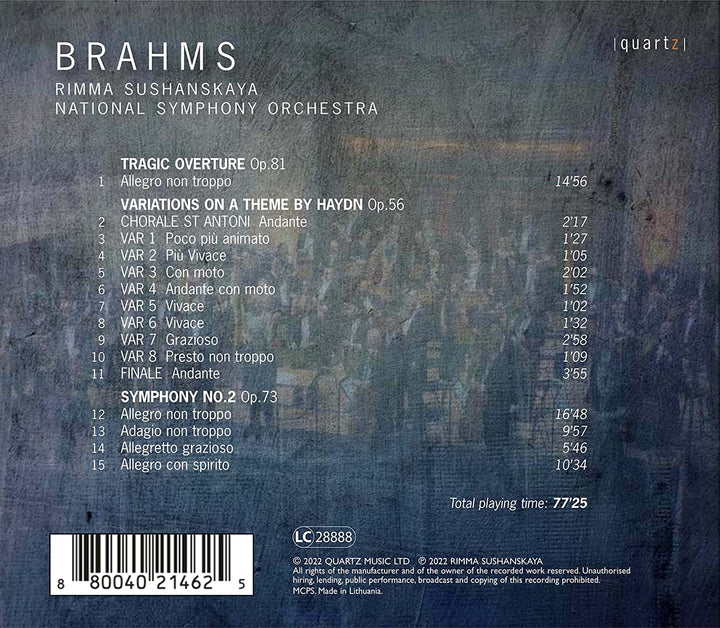 National Symphony Orchestra - Brahms: Symphony No. 2 [National Symphony Orchestra; Rimma Sushanskaya] [Quartz: QTZ2146] [Audio CD]