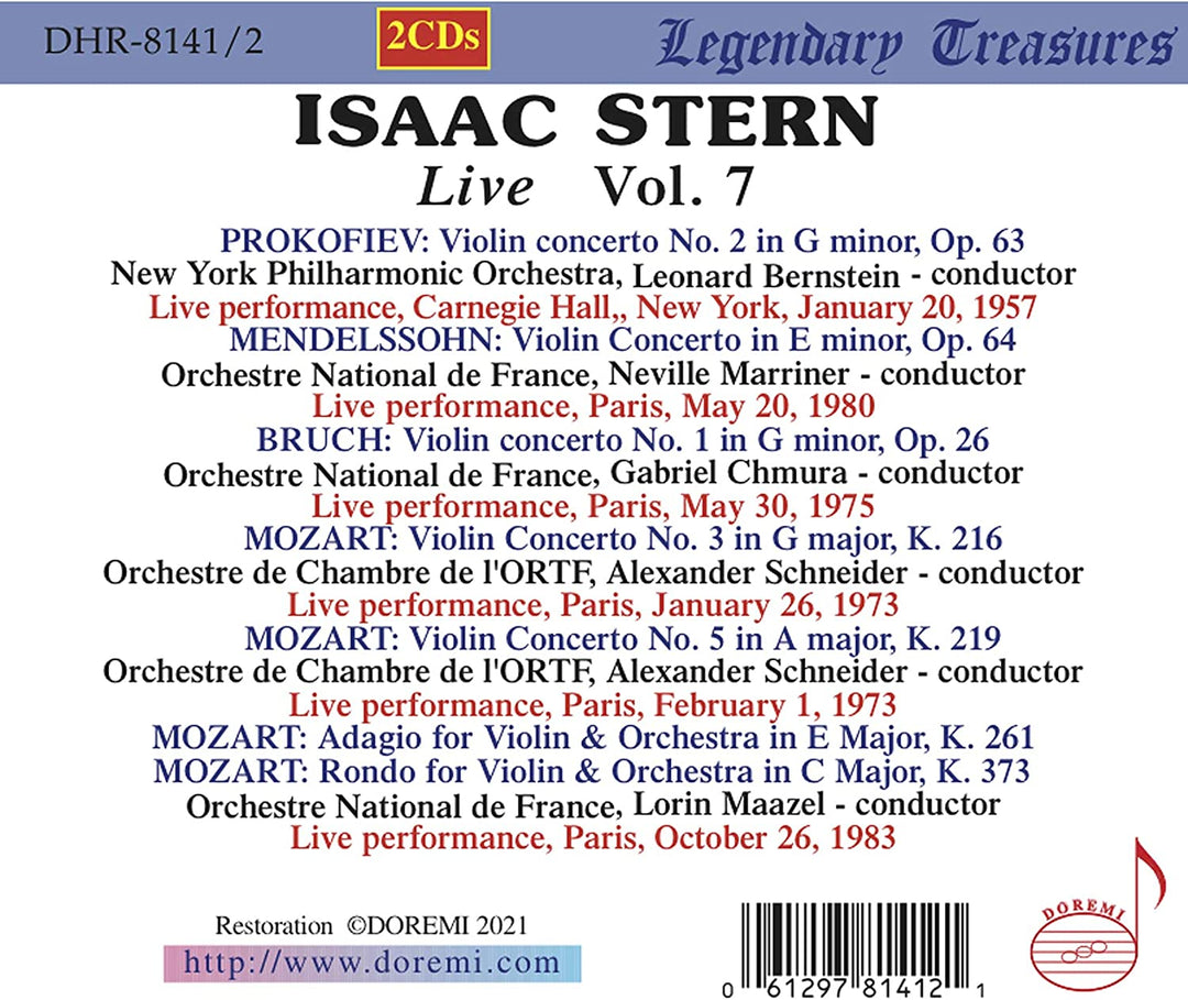 Isaac Stern - Isaac Stern Live Vol.7 [Isaac Stern; New York Philharmonic Orchestra; Leonard Bernstein; Neville Marriner] [Doremi: DHR-8141/2] [Audio CD]