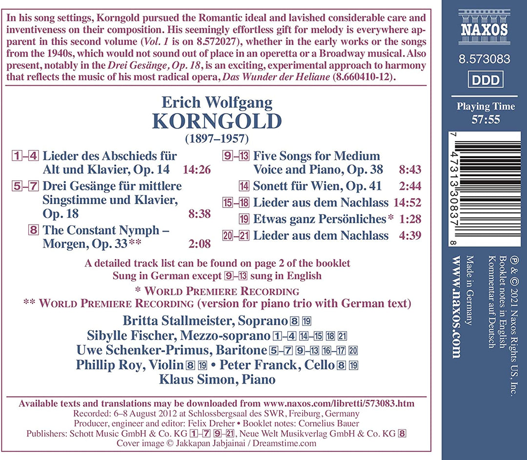 Korngold: Songs Vol.2 [Sibylle Fischer; Uwe Schenker-Primus; Britta Stallmeister; Phillip Roy; Peter Franck; Klaus Simon] [Naxos: 8573083] [Audio CD]