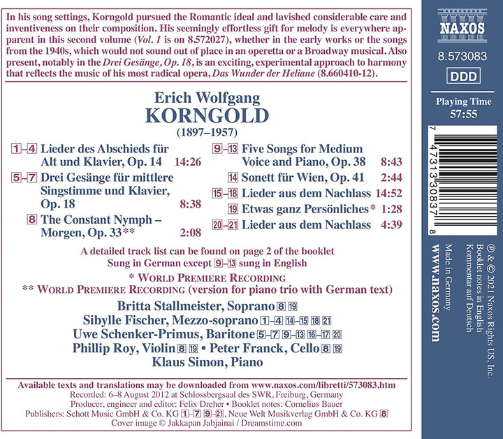 Korngold: Songs Vol.2 [Sibylle Fischer; Uwe Schenker-Primus; Britta Stallmeister; Phillip Roy; Peter Franck; Klaus Simon] [Naxos: 8573083] [Audio CD]