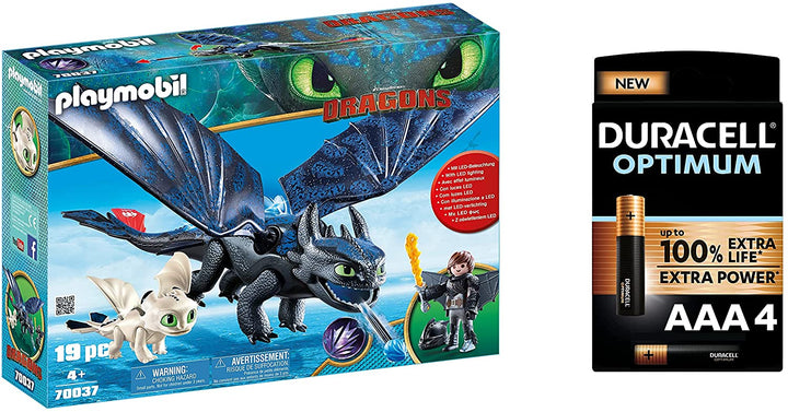 Playmobil 70037 DreamWorks Dragons, Hoquet et Krokmou avec Bébé Dragon, Duracell Optimum AAA Piles Alcalines Pack de 4