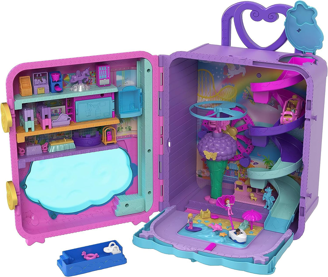 Polly Pocket Dolls, Playset and Travel Toys, 4 Dolls, 1 Vehicle, 25+ Accessories