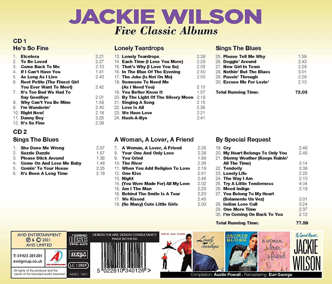 Jackie Wilson - Five Classic Albums (He's So Fine / Lonely Teardrops / Sings The Blues / A Woman, A Lover, A Friend / By Special Request) [Audio CD]