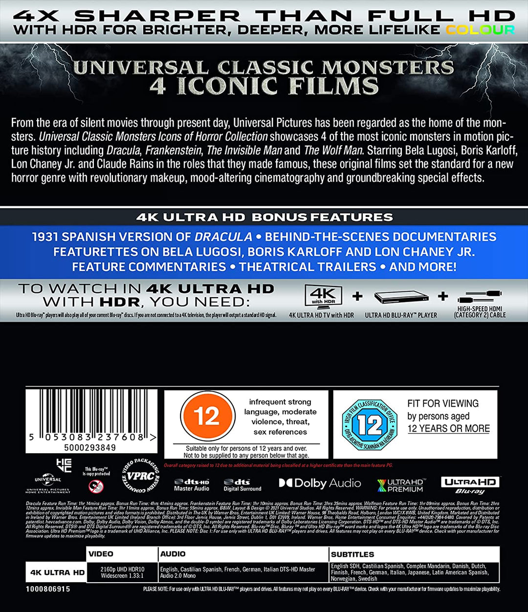 Universal Classic Monsters: Icons of Horror Collection [4K Ultra HD] [2021] [Region Free] [Blu-ray]