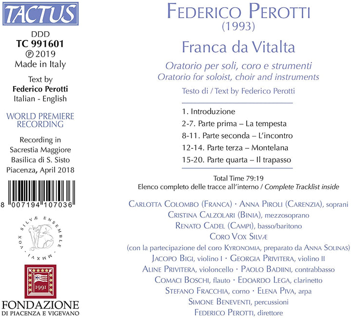 Perotti: Franca Do Vitalta [Carlotta Colombo; Anna Piroli; Cristina Calzolari; Renato Cadel; Vox Silvæ Ensemble; Federico Perotti] [Tactus: TC 991601] [Audio CD]