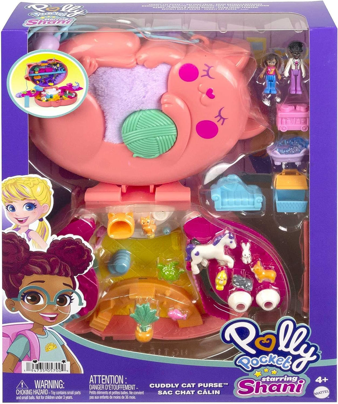 Polly Pocket Starring Shani Cuddly Cat Purse, Pet Vet Theme with 2 Micro Dolls