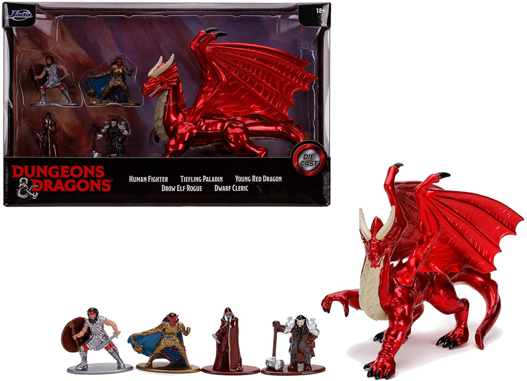 Jada Toys 253254000 Dungeons & Dragons Deluxe, Nano Collectable Figures from Die-Cast, Human Fighter, Deep Paladin, Drow Elf Rogue, Dwarf Cleric, Young Red Dragon, Toy Figures, 5 Pieces/Set, 4 cm