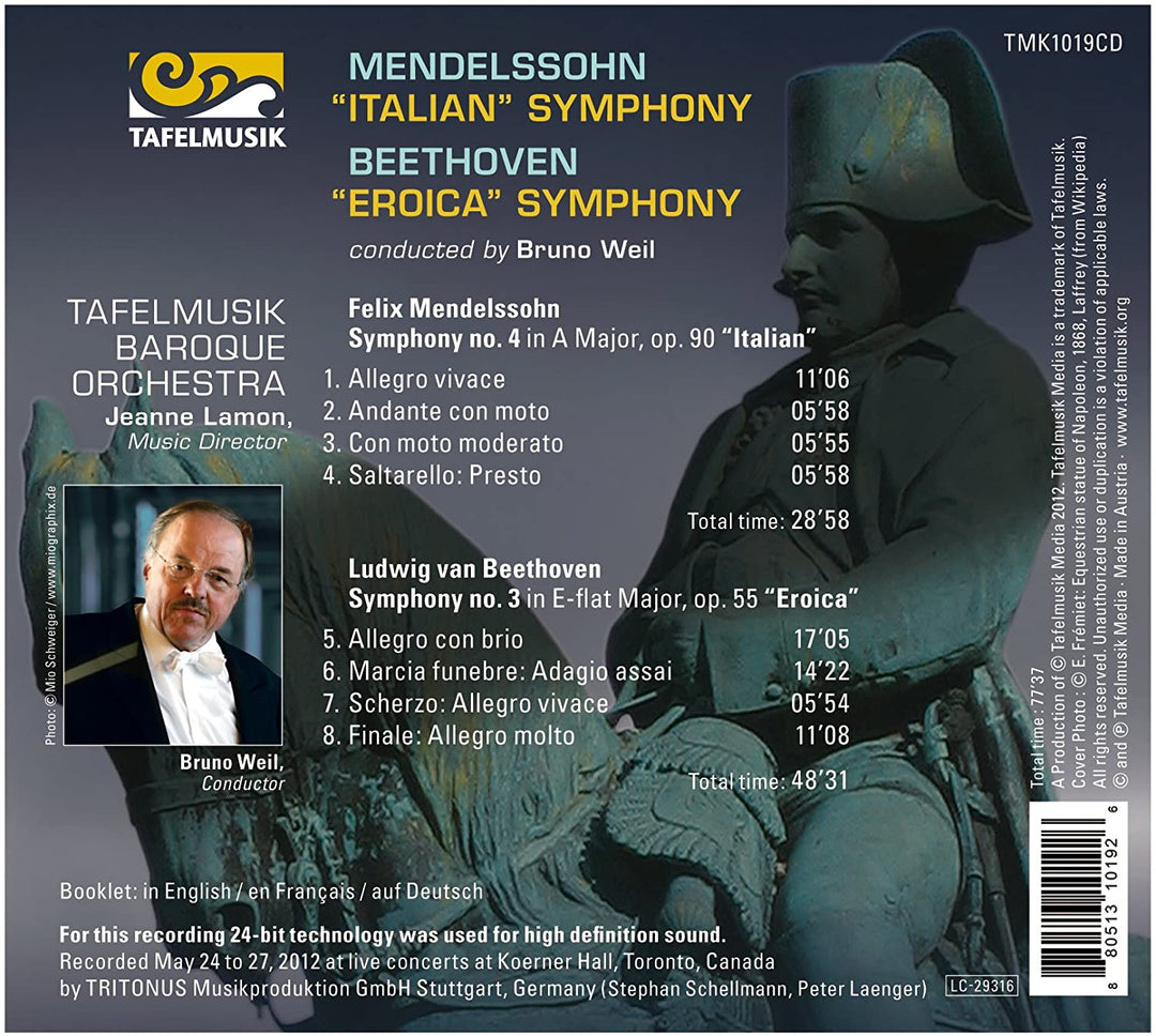 Eroica Symphony/ Italian Symphony (Symphony No. 3/ 4) (Tafelmusik Baroque Orchestra and Chamber Choir/ Bruno Weil) (Tafelmusik: TMK10 [Audio CD]